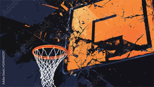 Close-up view of an abstractly rendered basketball hoop.  The hoop is predominantly orange, set against a dark blue and black background with a grunge, textured effect. The net is white. The