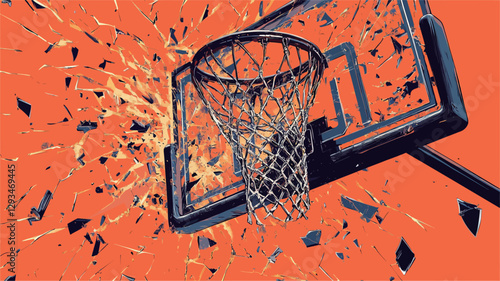 A digital illustration depicting a basketball hoop with the backboard and surrounding area shattered into numerous fragments.  The fragments are depicted in shades of orange and dark blue,