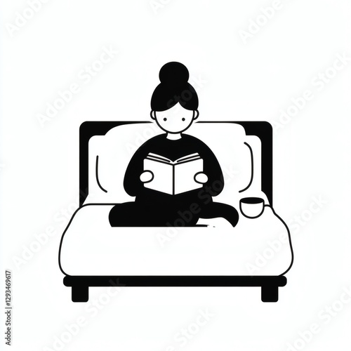 Happy woman reading a book while sitting comfortably on her bed in a cozy room
