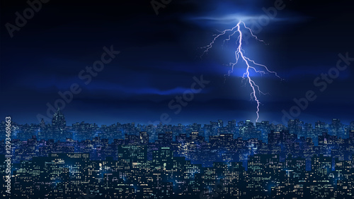 Cityscape with thunderstorm, lightning, city buildings at night. City ​​skyline at nighttime. Night, cloudy stormy sky. Dark blue lightning city background. Panoramic illustration, high res. Vector