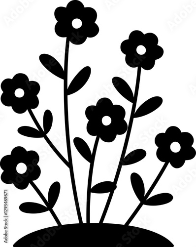 
Blooming Flower Growing in Soil silhouette. 
Floral with Leaves silhouette.
Spring flowerbed icon.
Cute Outdoor Garden flowers Vector.
Transparent background.