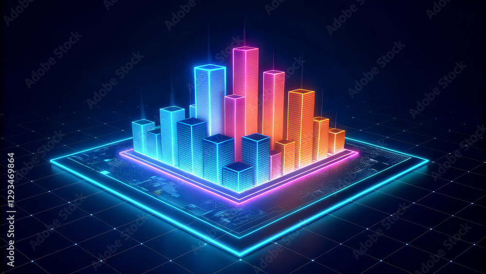 Fototapeta premium A glowing neon bar graph against a sleek, dark reflective surface, each bar steadily climbing, representing forward momentum in business or technology JPEG file download