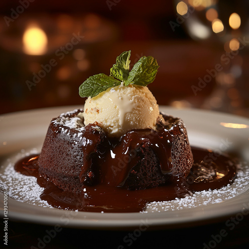 A decadent molten lava cake with warm chocolate oozing out, plated with vanilla ice cream and fresh mint, moody restaurant lighting photo