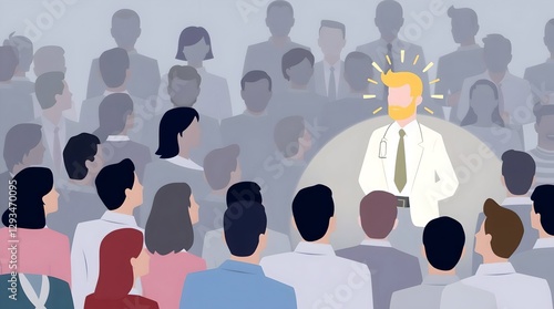 Stylized Illustration of Diverse Audience in Lecture Setting with Central Medical Professional Highlighted, Emphasizing Focus and Importance