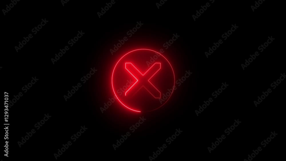 Glowing neon X mark animation with error warning effect on dark background in 4K Glowing neon X mark animation with error warning effect on dark background in 4K