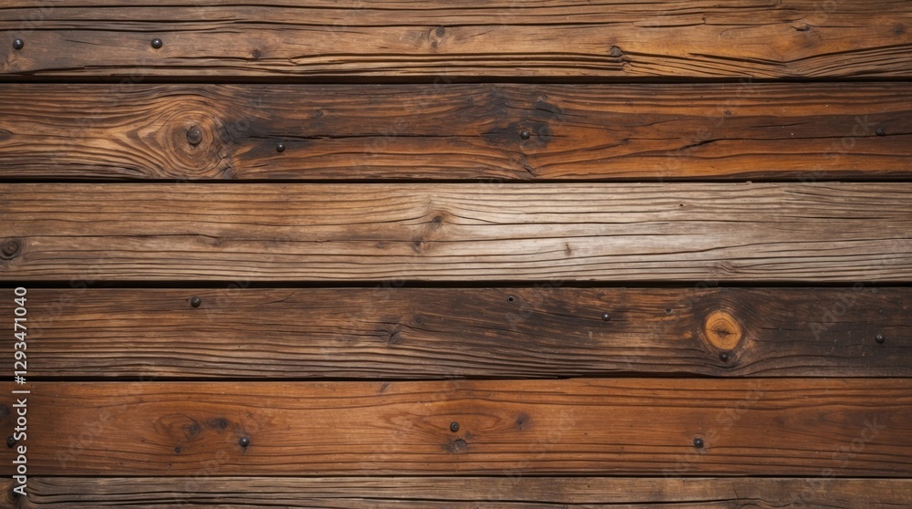 Naklejka premium Rustic weathered wooden slats with nail heads creating a charming horizontal background texture for design and architectural projects.