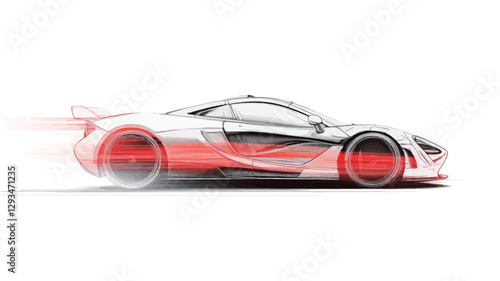 Side profile view of a silver sports car rendered in a style suggesting high speed. The car is depicted in motion, with motion blur visible around the wheels and a red streak along the lower side,
