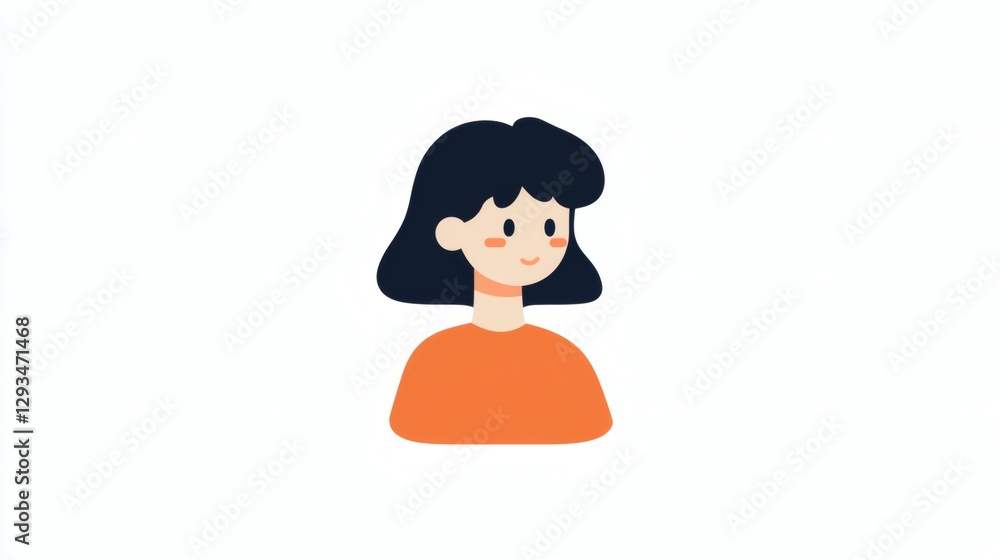 Stylish digital illustration of a smiling woman with short black hair wearing an orange top, showcasing modern graphic design Stylish digital illustration of a smiling woman with short black hair wearing an orange top, showcasing modern graphic design