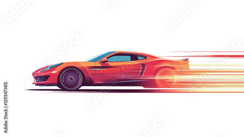 The image showcases a stylized illustration of a red sports car in motion against a white background.  The car is depicted in profile view, with a dynamic sense of speed conveyed by motion blur