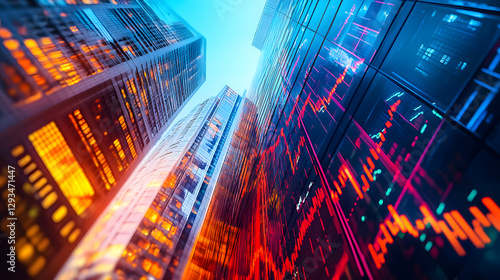 Dynamic stock market trends visualized in urban finance landscape aerial perspective vibrant atmosphere