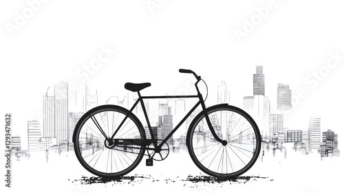 The image is a monochrome illustration depicting the silhouette of a classic bicycle positioned in profile view against a softly rendered grayscale cityscape skyline.  The bicycle is rendered in