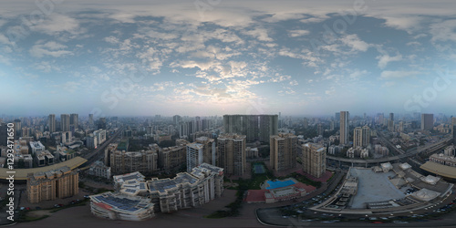 Evening aerial view Mumbai suburbs 8K VR equirectangular spherical Panorama, equirectangular projection, environment map. HDRI spherical panorama