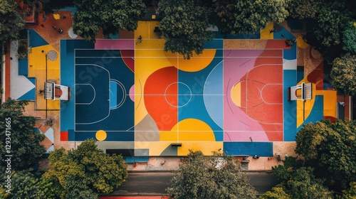 A vibrant, patchwork basketball court from above; an explosion of blues, yellows, reds, oranges, pinks. The mosaic design captures energy and creativity, inviting players to showcase their skills on t photo