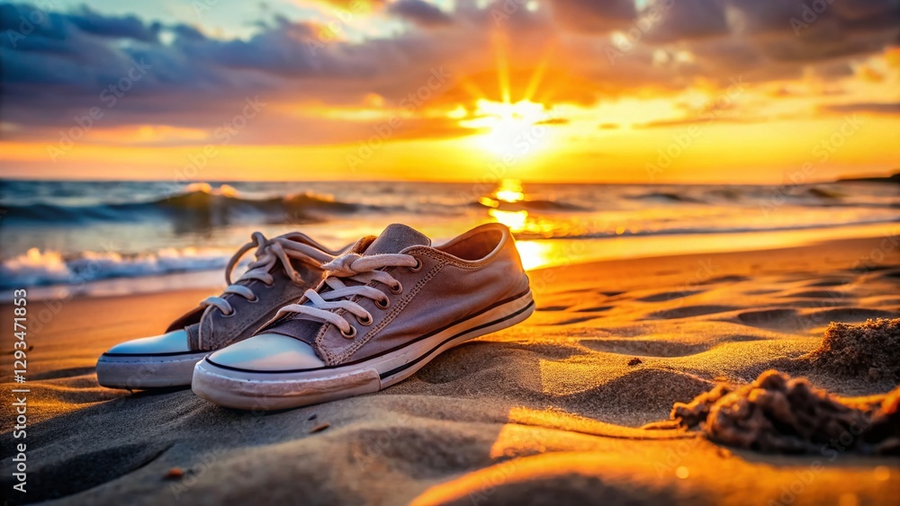 Worn Sneakers on Sandy Beach at Sunset - Summer Vacation Stock Photo Worn Sneakers on Sandy Beach at Sunset - Summer Vacation Stock Photo