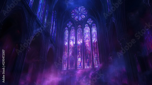 Eerie gothic cathedral interior mysterious atmosphere digital art dark misty environment dramatic perspective fantasy concept