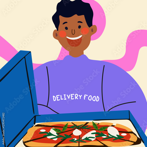 Delivery courier man in uniform holding pizza box. Food delivery worker cartoon character. Vintage poster, fast food online ordering. Vector illustration for delivery service 