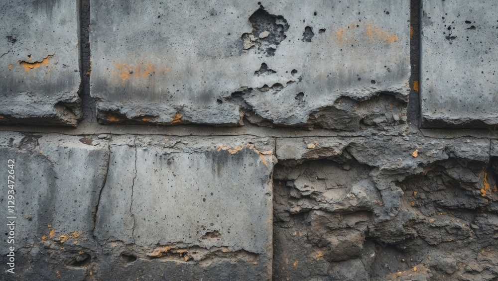 Naklejka premium Weathered concrete wall texture with peeling paint and cracks suitable for backgrounds in design and architectural projects.