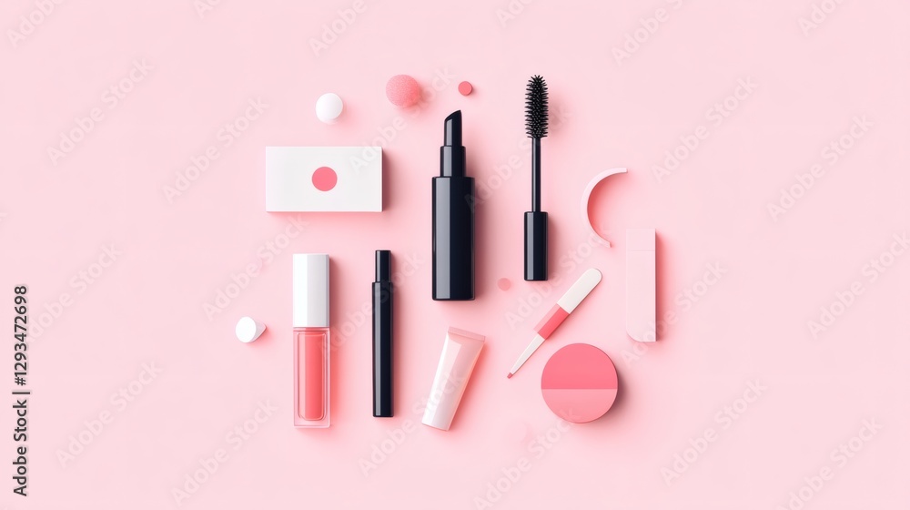 Collection of stylish makeup products arranged on soft pink background for beauty enthusiasts and makeup lovers Collection of stylish makeup products arranged on soft pink background for beauty enthusiasts and makeup lovers