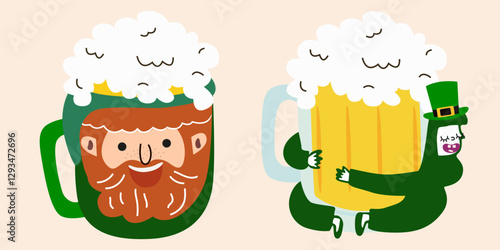 Happy St. Patricks Day retro groovy poster. Vintage abstract Ireland holiday banner. A cute leprechaun character hugs a mug of beer. Vector illustration for greeting card