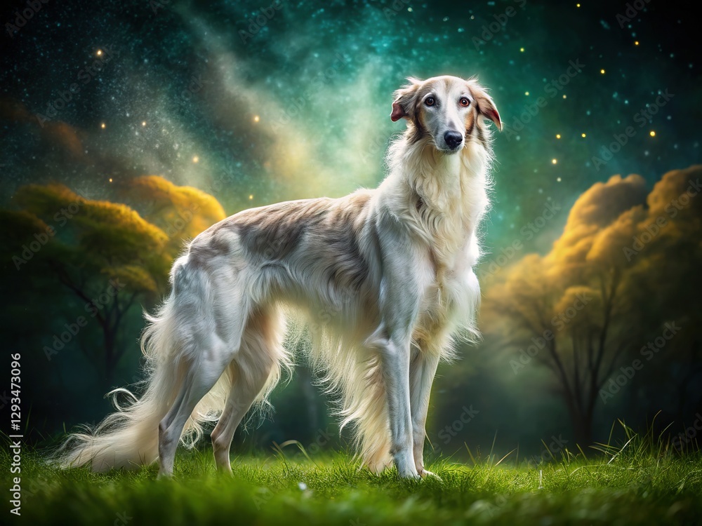 Borzoi glides through a moonlit meadow. Borzoi glides through a moonlit meadow.