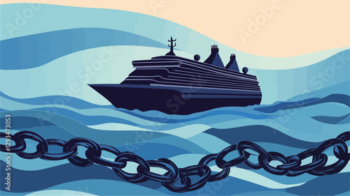A vector illustration depicting a dark silhouette of a cruise ship sailing on a wavy blue sea.  A large anchor chain is partially visible in the foreground, extending from the bottom left to the