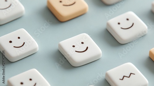 Smiley face keys arranged on a pastel green surface showcasing a variety of expressions and emotions during a creative design process