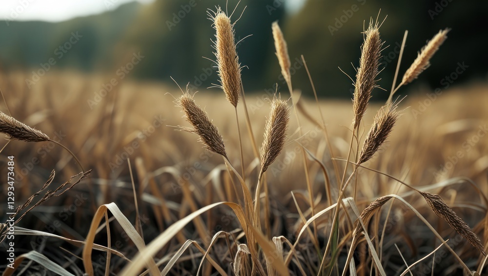 Fototapeta premium Dried meadow grass spikes swaying in the breeze with a soft blurred background showcasing a serene natural landscape.