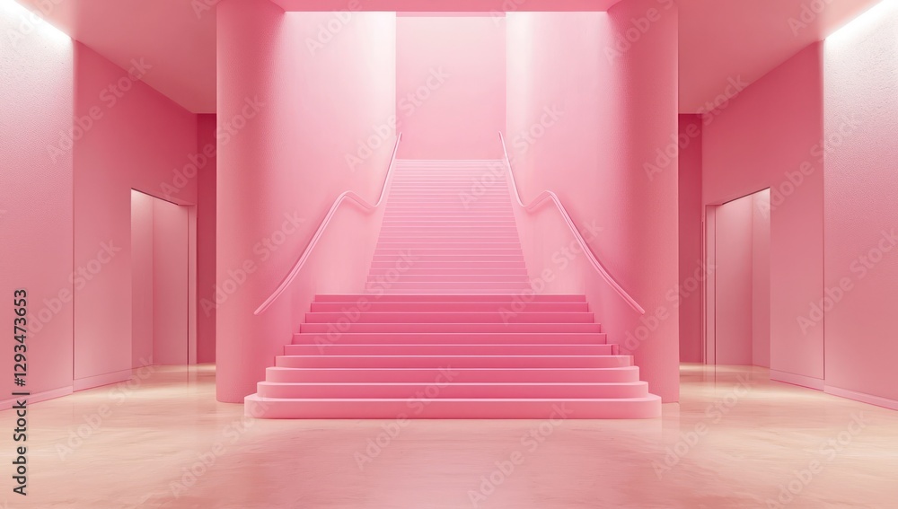 Minimalist design with front stairs in pink room for product staging. Minimalist design with front stairs in pink room for product staging.