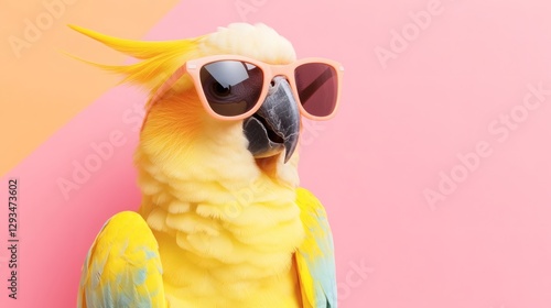 Colorful parrot wearing stylish sunglasses poses against a vibrant pink background