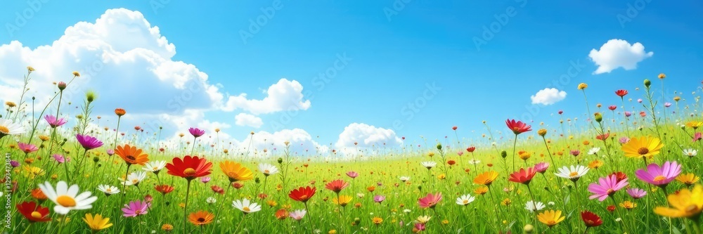 A field of wildflowers under a bright blue sky with a few wispy clouds, blue, wildflower, field A field of wildflowers under a bright blue sky with a few wispy clouds, blue, wildflower, field