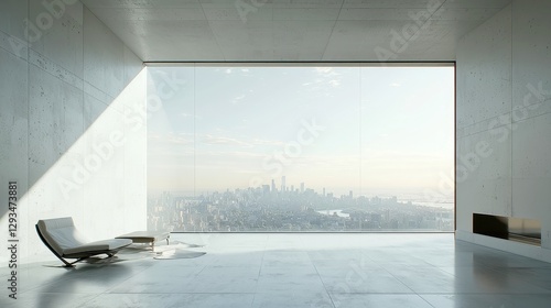 Modern Penthouse Living Room, features stunning city vistas, expansive floor-to-ceiling windows, sleek furnishings, and a blend of contemporary elegance and spacious design.