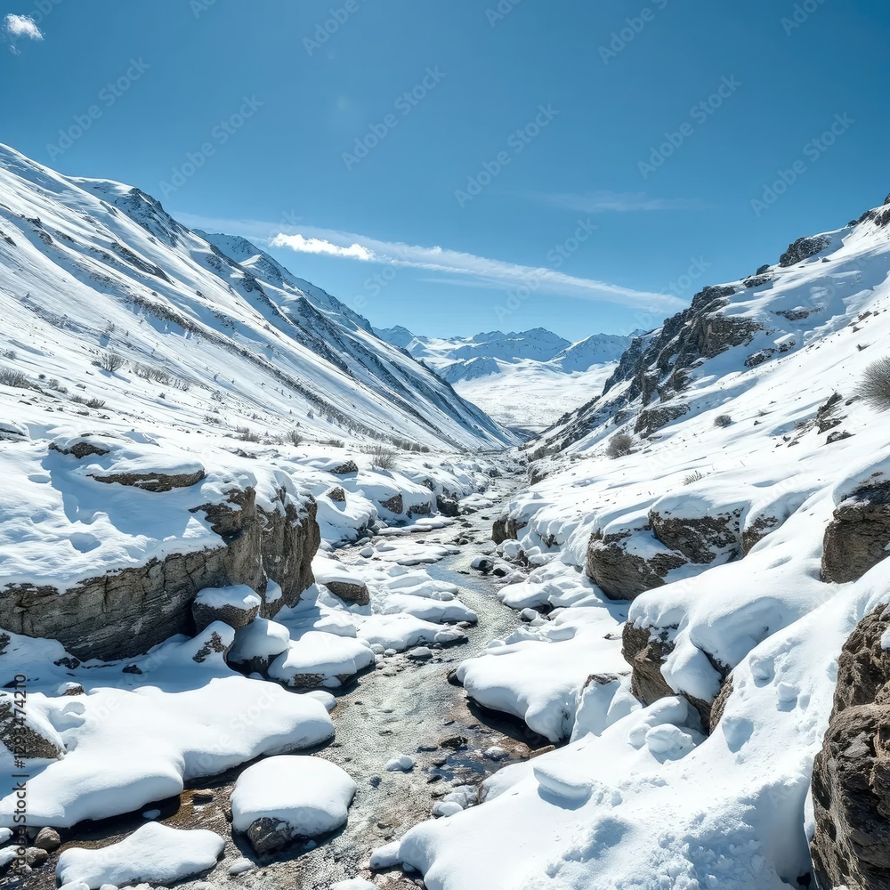 Obraz premium Alpine terrain covered in snow and ice with a frozen stream, stream, ice