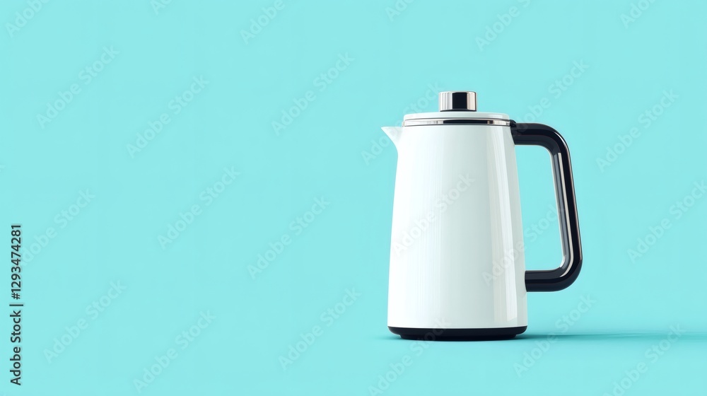 Obraz premium Elegant white kettle on a light blue background creates a modern kitchen aesthetic