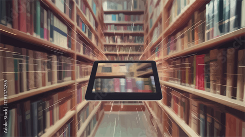 The image shows a dark-colored tablet computer floating in the center of a long library aisle. The aisle is composed of tall, densely packed bookshelves filled with numerous books, creating a