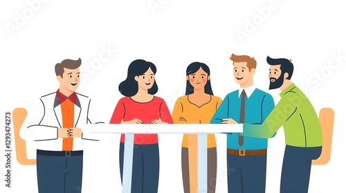 Colorful Cartoon-Style Illustration of Five Diverse Individuals Around a Rectangular Table, Engaged in Conversation with Distinct Attire