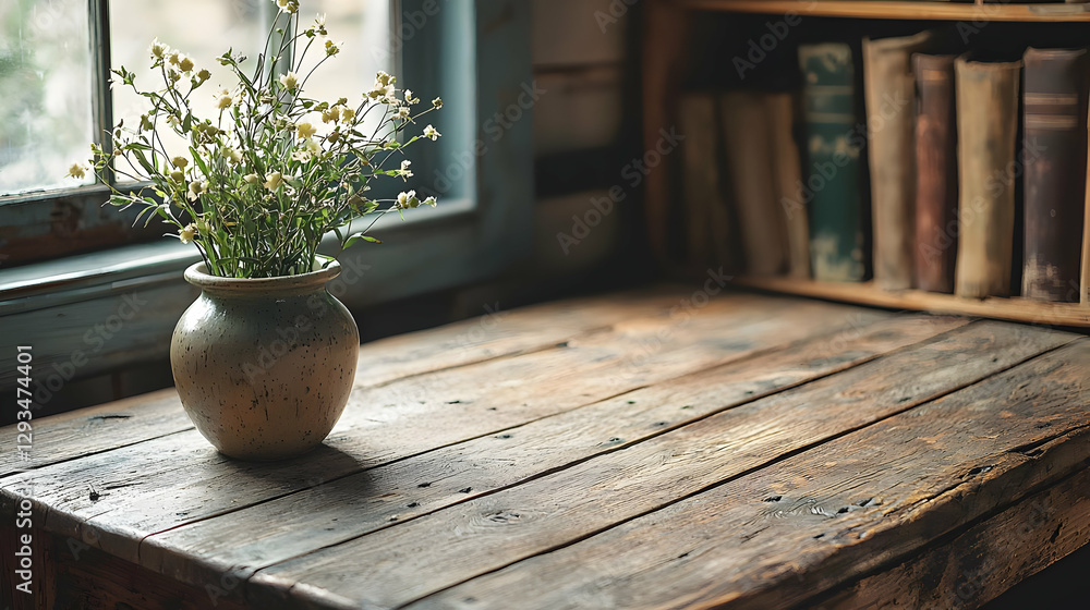 Rustic Wooden Table with Flowers Illustration Rustic Wooden Table with Flowers Illustration