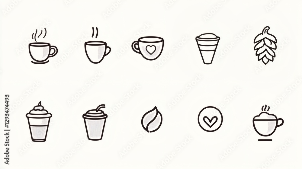 Creative coffee and beverage icons featuring cups, hearts, and hops in a minimalist design Creative coffee and beverage icons featuring cups, hearts, and hops in a minimalist design