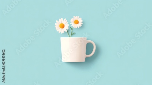 White cup with two cheerful daisies against a light blue background creates a refreshing atmosphere for springtime enjoyment