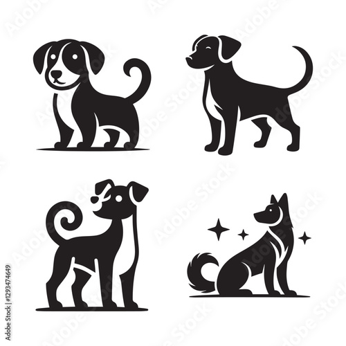 Set of animal silhouettes featuring a dog, cat, elephant, rhinoceros, and other wildlife in black and white, with a cute and cartoonish style