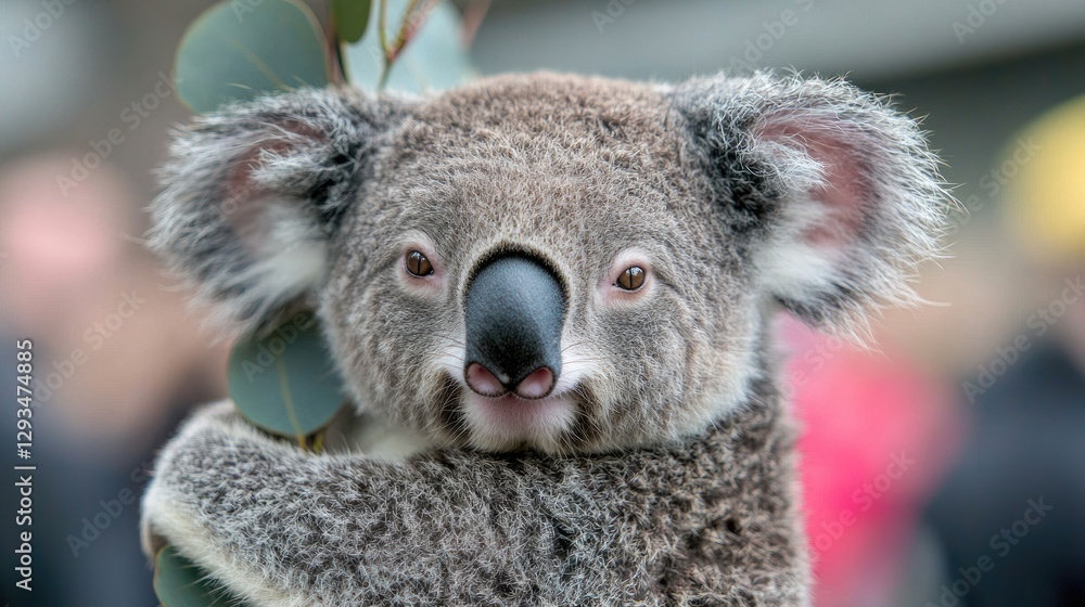 Naklejka premium Close-up koala holding eucalyptus branch, zoo, visitors, nature, wildlife