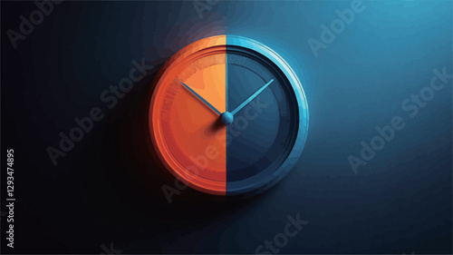 A digital rendering of a circular clock face, bisected vertically into two halves. One half is vibrant orange, while the other half is dark blue. The clock hands indicate a time approaching midday
