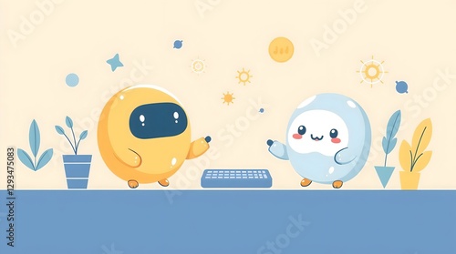 Digital Illustration of Two Cute Cartoon Robots with Playful Expression, Surrounded by Plants, Keyboard, and Whimsical Decorative Elements