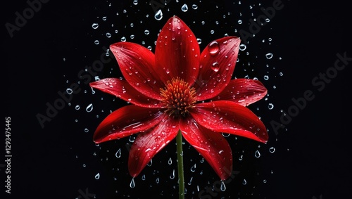 Vibrant red flower petals adorned with water droplets isolated on a dark background creating a dramatic and elegant floral composition.