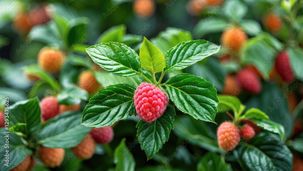 Vibrant Close-Up of Raspberry Plant with Fresh Juicy Berries and Glossy Green Leaves in a Lush Garden Setting Vibrant Close-Up of Raspberry Plant with Fresh Juicy Berries and Glossy Green Leaves in a Lush Garden Setting