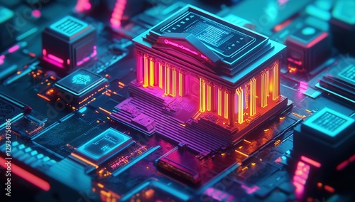 Abstract Digital Bank Building on Circuit Board