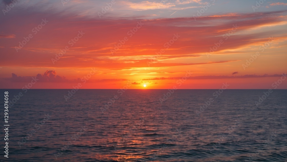 Serene Sunset over the Ocean with Vibrant Orange and Pink Skies Reflecting on Calm Waters in the Evening Light Serene Sunset over the Ocean with Vibrant Orange and Pink Skies Reflecting on Calm Waters in the Evening Light