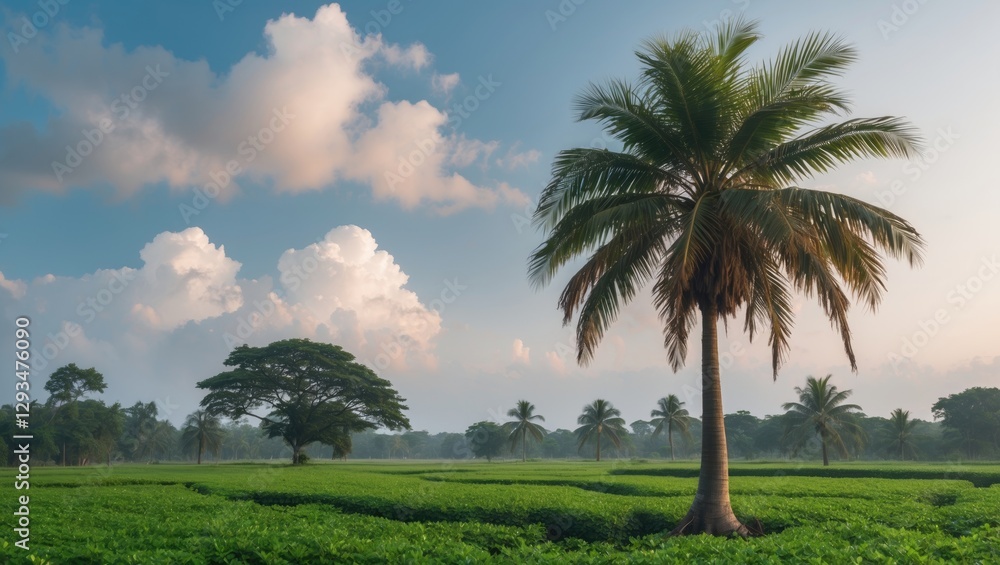 Serene landscape with a tamarind tree and palm trees under a beautiful sky with thin clouds and lush green fields. Serene landscape with a tamarind tree and palm trees under a beautiful sky with thin clouds and lush green fields.