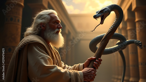 Moses holding his staff as God turns it into a serpent before his eyes