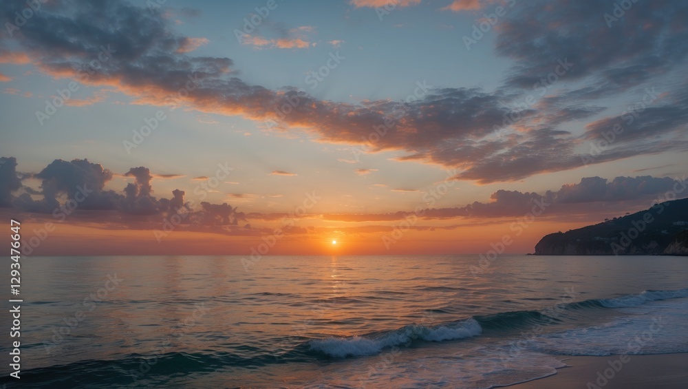 Obraz premium Tranquil Sunset Over Serene Sea Waves Ideal for Relaxation Themes and Text Placement