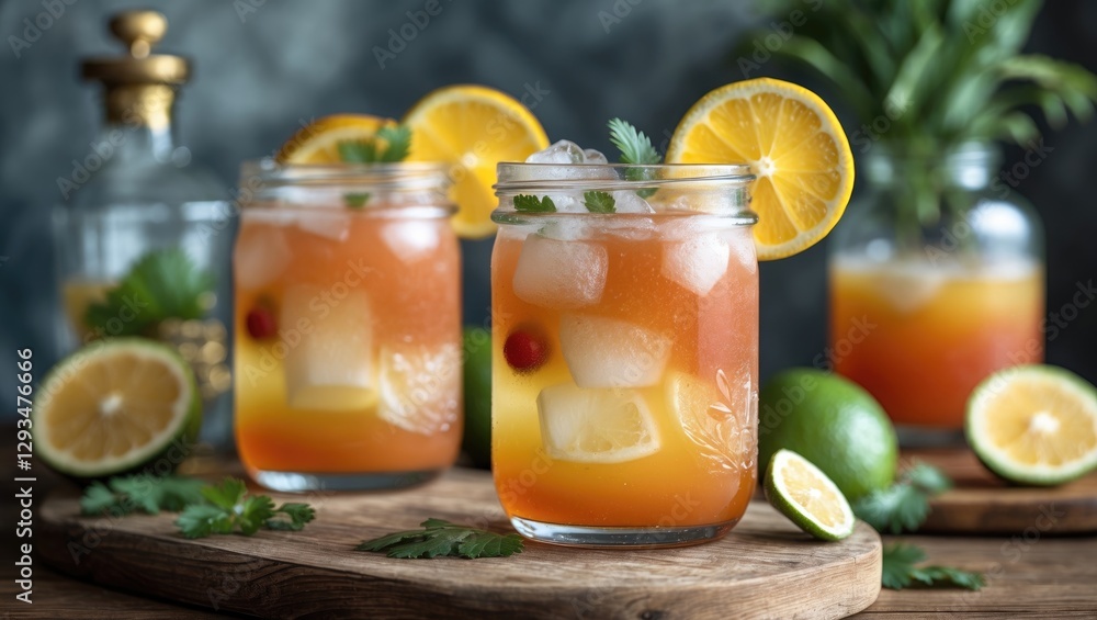 Fototapeta premium Vibrant Tequila Sunrise Cocktails Served In Glass Jars With Citrus Garnish And Tropical Decor On Wooden Table